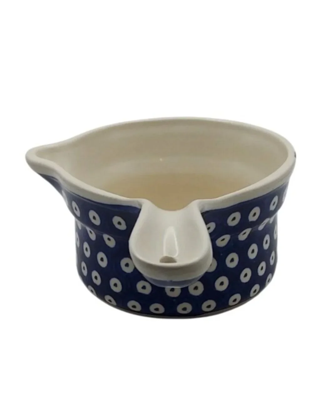 Handmade Bolesławiec Polish Pottery Blue & White Polka Dot Sauce Dish w/ Handle